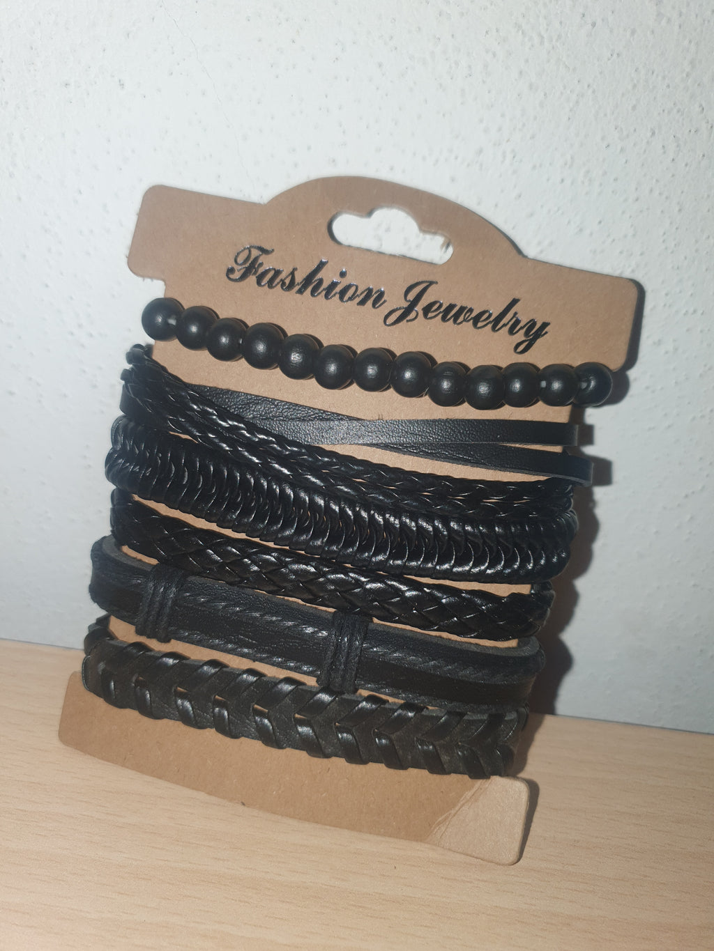 Set da 6 Bracciali Neri in Pelle Intrecciata